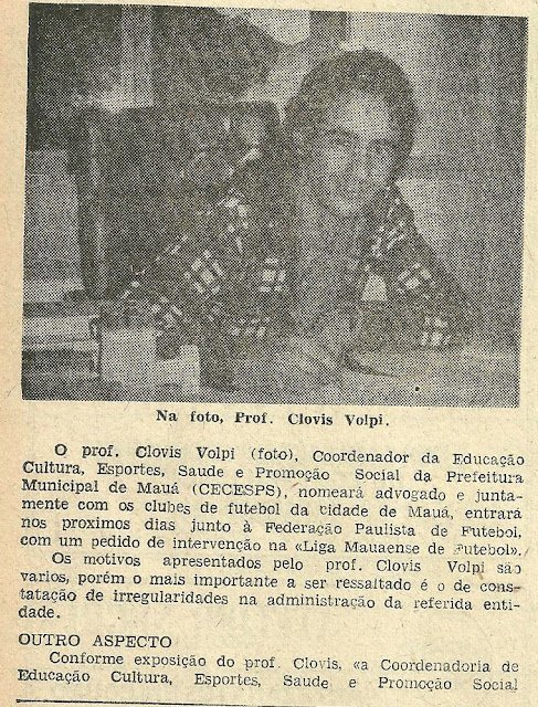 1975: Coordenador de Educação, Cultura e Esportes de Mauá pede intervenção na Liga Mauaense de Futebol